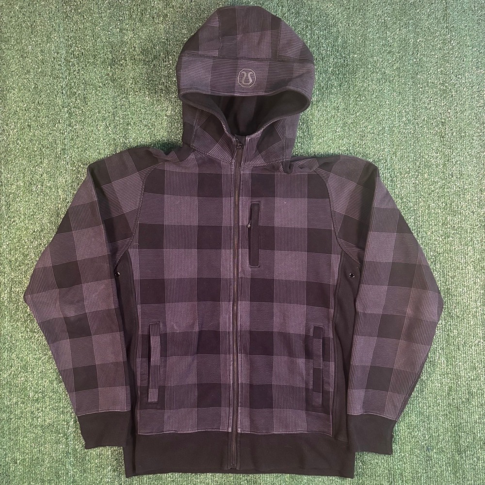 Lululemon Kung Fu Hoodie Mens Large grey Black Plaid Excellent Full Zip Fleece - Picture 2 of 5